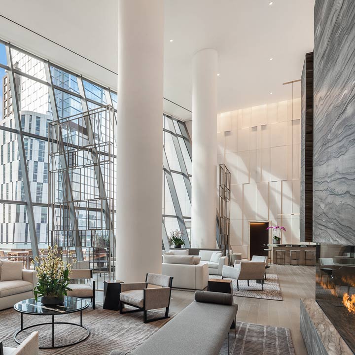 two waterline square lobby interior view with floor-to-ceiling windows