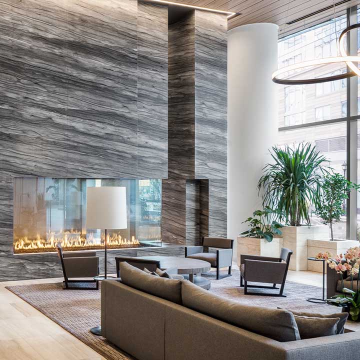 two waterline square lobby fireplace and seating
